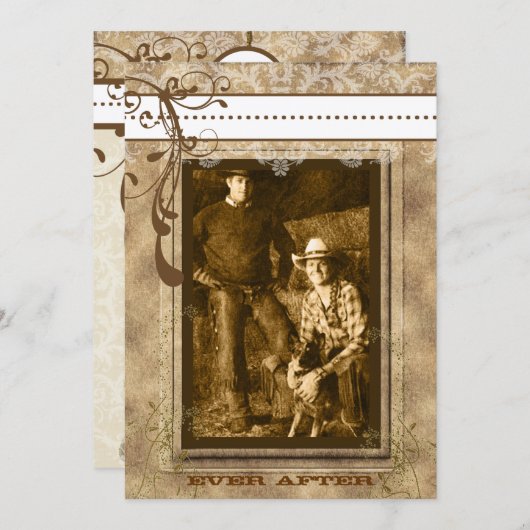 ブラウンスワールヴィンテージシャンデリアあなたの写真ダマスク 招待状 (正面/裏面)