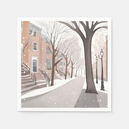 ブラウンス톤 ストリート | 雪の冬の水彩画 スタンダードカクテルナプキン (正面)