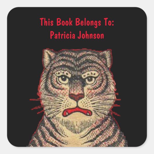 ブラウンタイガーストライプズファイアー顔ブラック蔵書票 スクエアシール (正面)