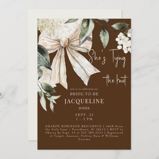 ブラウンタイグザノットボウアジサイウェディングシャワー 招待状 (正面/裏面)