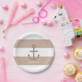 ブラウンタウペ&ホワイトストライプのいかりプレート ペーパープレート (パーティー)