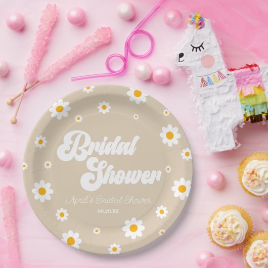 ブラウンタンレトロデイジーフラワーフローラブライダルシャワー ペーパープレート (パーティー)