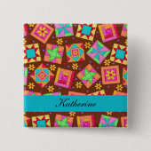 ブラウンターコイズブルーパッチワークキルト名バッジ 缶バッジ (正面)