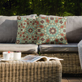 ブラウンターコイズレッドオレンジマンダラトバルアート アウトドアクッション