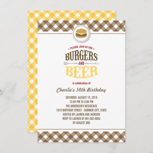 ブラウンチェックバーガー&ビール夏の誕生日パーティー 招待状 (正面/裏面)