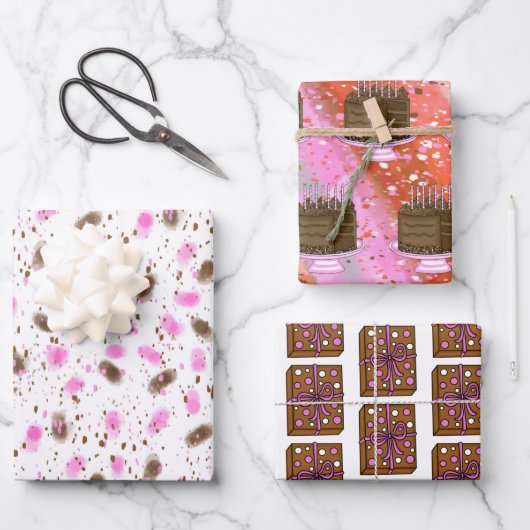 ブラウンチョコレートケーキとピンクチョコレートケーキ誕生日 ラッピングペーパーシート (正面)