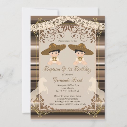 ブラウンツインズフィエスタバプティスアンドファースト誕生日ボーイ 招待状 (正面)