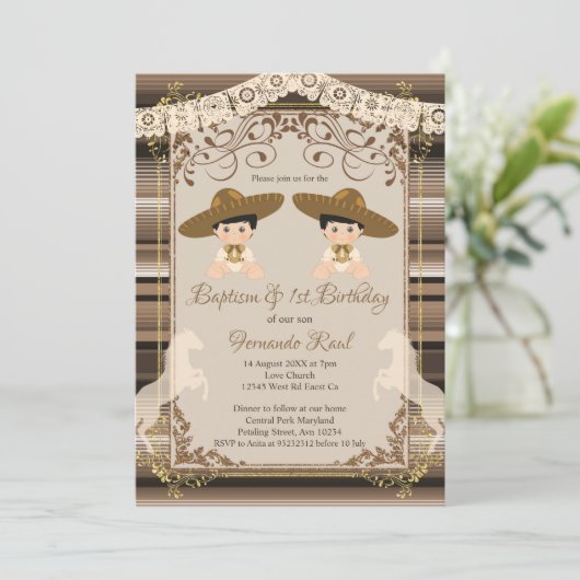 ブラウンツインズフィエスタバプティスアンドファースト誕生日ボーイ 招待状 (スタンド正面)