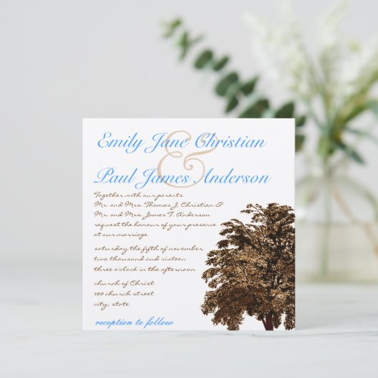 ブラウンツリーアクアブルーフォント結婚式招待状 招待状 (スタンド正面)
