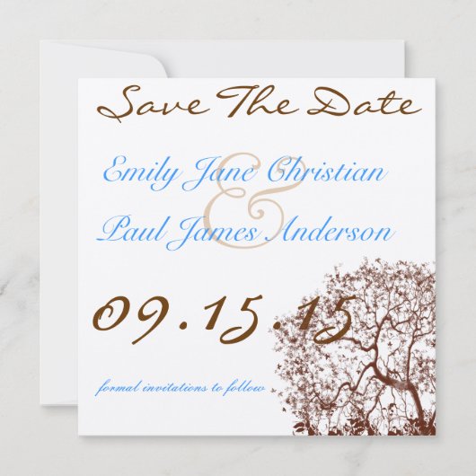 ブラウンツリーブライトブルーフォント日付の保存 セーブザデート (正面)