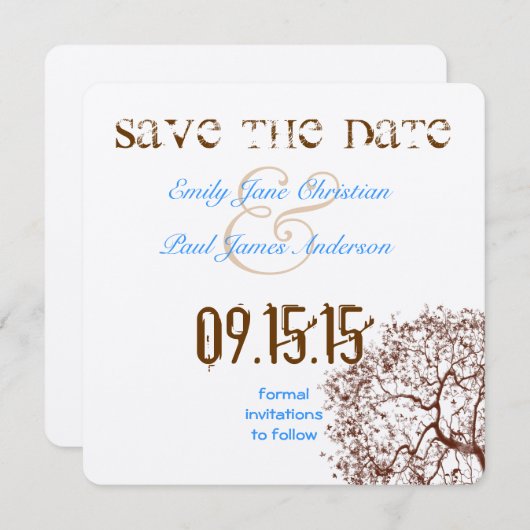 ブラウンツリーブライトブルーフォント日付の保存 セーブザデート (正面/裏面)