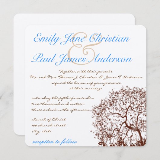 ブラウンツリーブライトブルーフォント結婚式招待状 招待状 (正面/裏面)