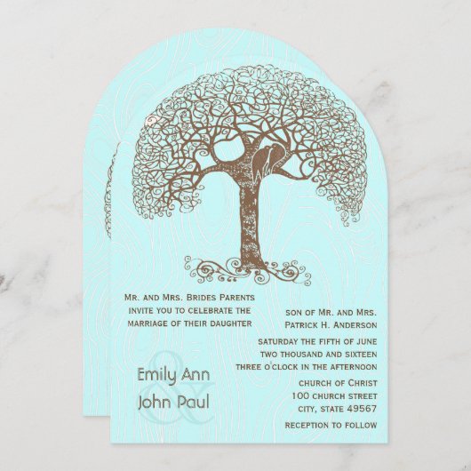 ブラウンツリーラブバードウッドグレインターコイズ結婚ズ 招待状 (正面/裏面)