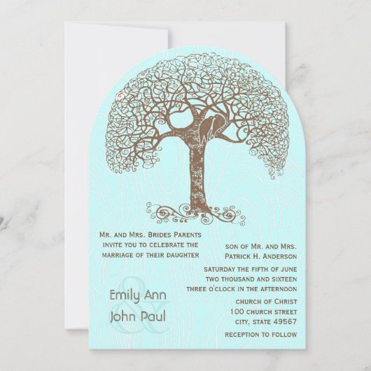 ブラウンツリーラブバードウッドグレインターコイズ結婚ズ 招待状 (正面)