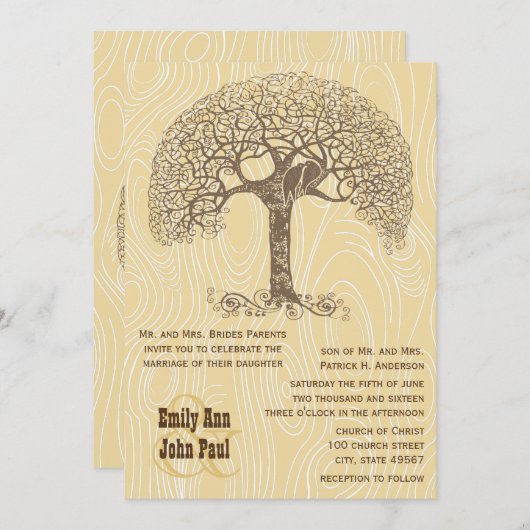 ブラウンツリーラブバードタンイエローウッドグレン結婚ズ 招待状 (正面/裏面)