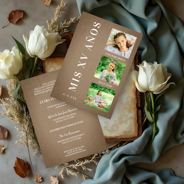 ブラウンテキス素朴ティーキンセニーラと3枚の写真 (Rustic Brown Quinceañera Invitation with Fabric Texture & 3 Custom Photos Invitations Cards. )