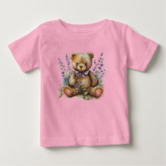 ブラウンテディベアラベンダーの花 ベビーTシャツ