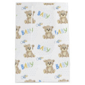 ブラウンテディベアーブルーボーイベビーシャワー ミディアムペーパーバッグ (裏面)