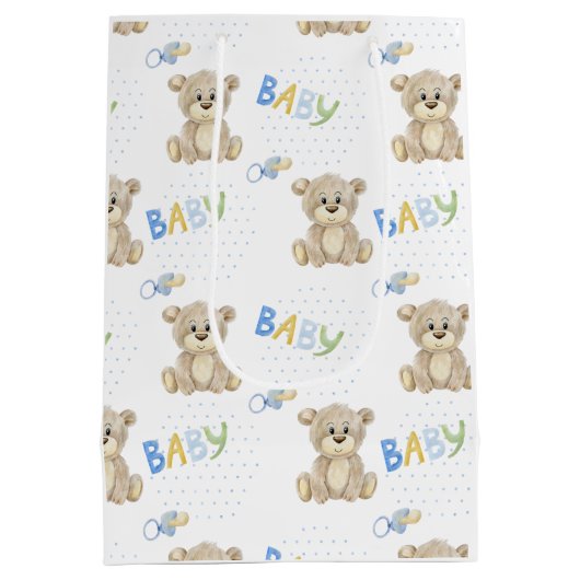 ブラウンテディベアーブルーボーイベビーシャワー ミディアムペーパーバッグ (裏面)