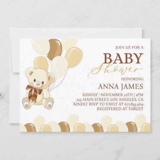 ブラウンテディベア招待状テディベビーシャワー サンキューカード (正面)