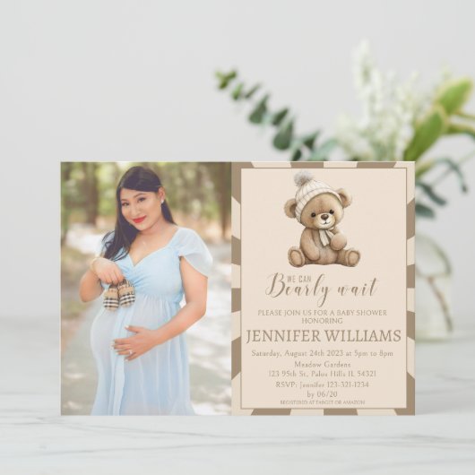 ブラウンテディベア男の子の赤ちゃんシャワー写真の招待状 招待状 (スタンド正面)