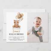 ブラウンテディベア誕生日招待状ベアバルーン サンキューカード (正面)