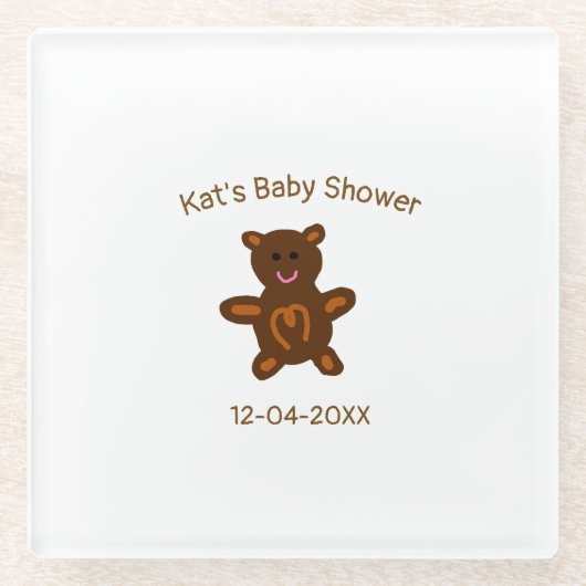 ブラウンテディベア赤ちゃんシャワー追加の名前エレガント日付 ガラスコースター (正面)