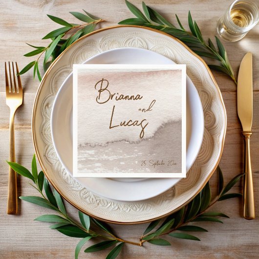 ブラウンテラコッタ結婚ウォーターモノグラムのカラー スタンダードカクテルナプキン