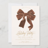 ブラウンニュートラルベルベットボウホリデークリスマスパーティー 招待状 (正面)