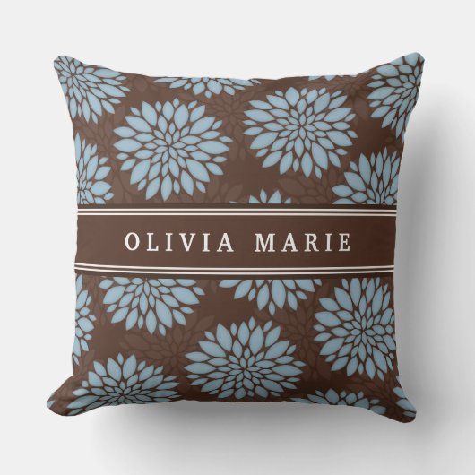 ブラウンネーム赤ちゃん青い花の花模様 クッション (正面)