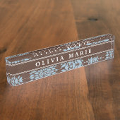 ブラウンネーム赤ちゃん青い花の花模様 デスクネームプレート (側面)