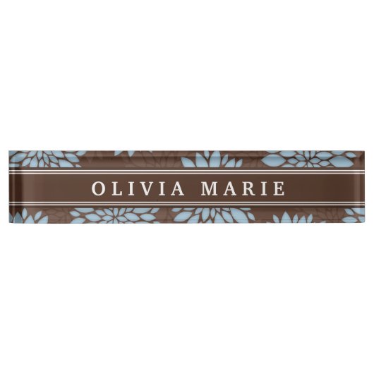 ブラウンネーム赤ちゃん青い花の花模様 デスクネームプレート (正面)