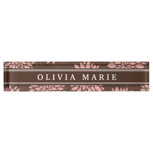 ブラウンネーム赤面ピンクフラワーブロッサムパターン デスクネームプレート (正面)