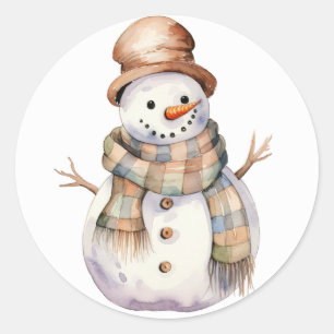 ブラウンハットクリスマスステッカー付き雪だるま ラウンドシール
