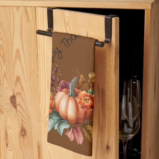 ブラウンハッピーサンクスギビングカボチャ秋花 キッチンタオル (三つ折り)