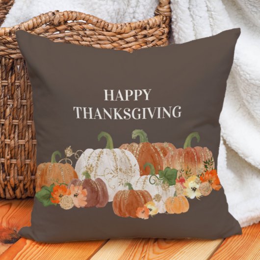 ブラウンハッピー感謝与オレンジホワイトカボチャ クッション