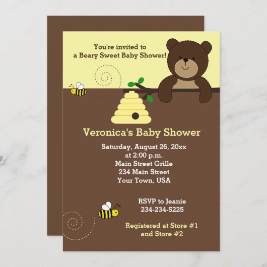 ブラウンハニーベア&のまわりにベビーシャワー招待状 招待状 (正面/裏面)