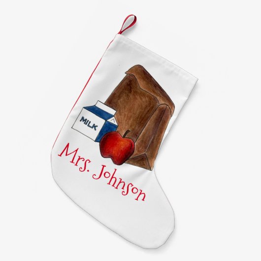 ブラウンバッグスクールランチレディーアップルミルクカフェテリア スモールクリスマスストッキング (正面 (吊り時))