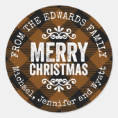 ブラウンバッファロー素朴チェックのクリスマスギフトタグ ラウンドシール (正面)