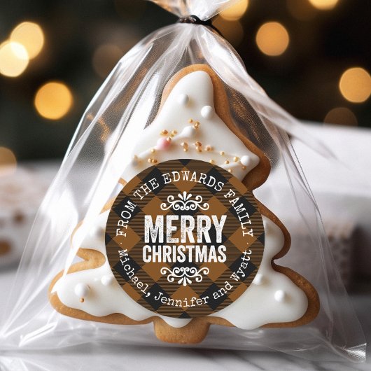 ブラウンバッファロー素朴チェックのクリスマスギフトタグ ラウンドシール