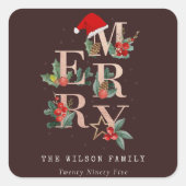 ブラウンバラ金ゴールドレッドグリーンメリークリスマスリーフ スクエアシール (正面)