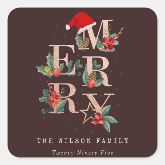 ブラウンバラ金ゴールドレッドグリーンメリークリスマスリーフ スクエアシール (正面)