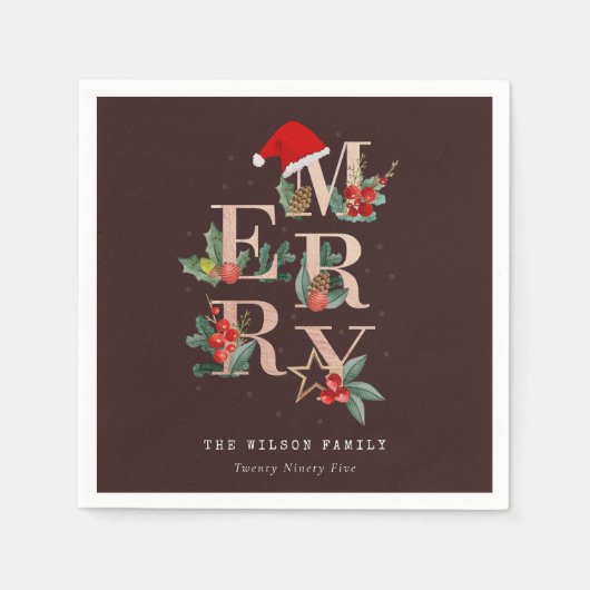 ブラウンバラ金ゴールドレッドグリーンメリークリスマスリーフ スタンダードカクテルナプキン (正面)