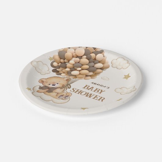 ブラウンバルーンを持つテディベア赤ちゃんシャワー ペーパープレート (アングル)