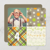 ブラウンパッチワークパターン正方形ボーイフォト誕生日 招待状 (正面/裏面)