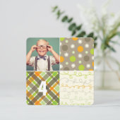 ブラウンパッチワークパターン正方形ボーイフォト誕生日 招待状 (スタンド正面)