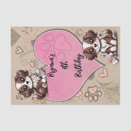 ブラウンパピードッグピンクポー&ハート誕生日パーティー 薄葉紙 (正面)