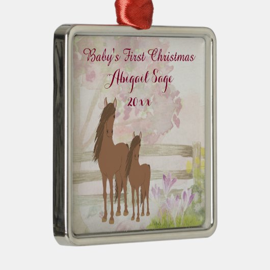 ブラウンパーソナライズされたウマベビー第1クリスマス メタルオーナメント (右)