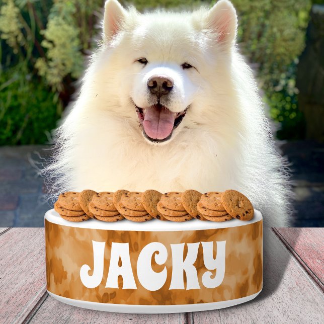 ブラウンパーソナライズされた絞り染めの犬または猫名 ボウル (クリエイターアップロード済み)