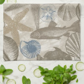 ブラウンビーチブルーシェル海    キッチンタオル (折り畳み)